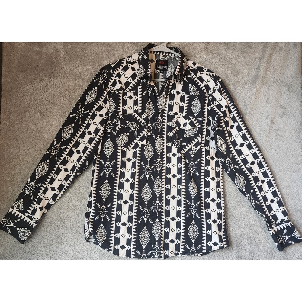 El General Shirt Womens Medium Black White Aztec Western Pearl Snap Long Sleeve